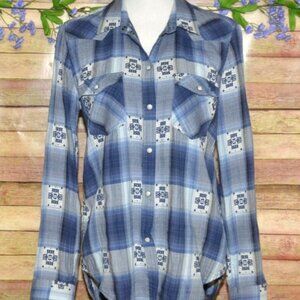 American Eagle Outfitters Boyfriend Fit Blue Plaid Pearl Snap Top Shirt Size M